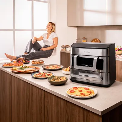 Obrázek produktu pro Cecotec Heißluftfritteuse und Ofen 18L Cecofry FoodCourt 18000 4Pizza+. 2700W, Pizzaofen 12" inkl. Stein, 9L Heißluftfritteuse