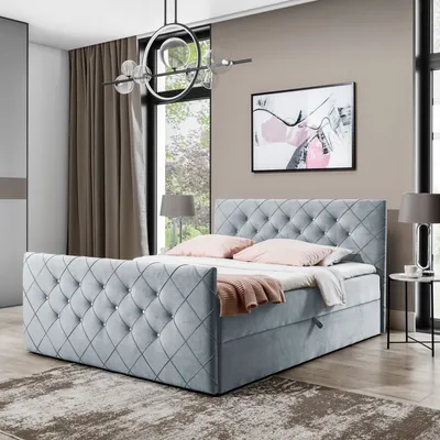 Produktbild von Boxspringbett Doppelbett MONAKO  - 200x200cm Bett mit Bonellmatratze, mit Bettkasten für Bettwäsche und Topper. Gepolstertes Kopfteil und Fussteil mit einer eleganten Steppung verziert (Hell grau)