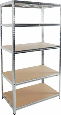 A metal shelving unit with wooden shelves against a white background.