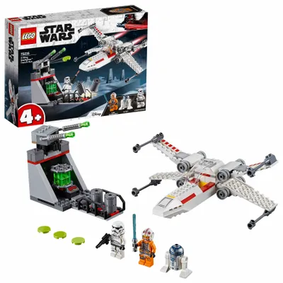 A LEGO Star Wars X-Wing Starfighter Trench Run set, including the box and the assembled toy.