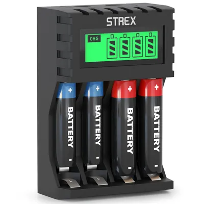 Productafbeelding van Strex Batterij Oplader - AA/AAA Batterijen - USB Oplaadbaar - LCD Display - Universele Batterijlader Voor Oplaadbare Batterijen