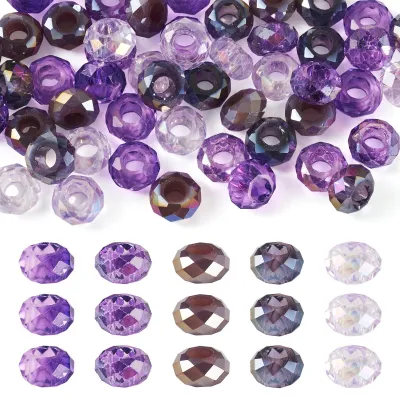 Image de Perles de verre européennes, multifacettes - Avec un grand trou - Pour la fabrication de bijoux et travaux manuels - Violettes - 50 pièces
