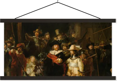 Produktbild von MuchoWow® Textilposter Die Nachtwache - Gemälde von Rembrandt van Rijn 90x45 cm mit schwarzem Rahmen - Klemmleisten