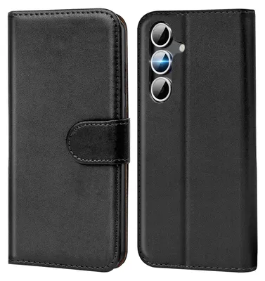 A black smartphone case is shown from the front and back.