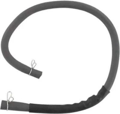A gray hose with black protective wrapping on one end and metal clips on both ends, against a white background.