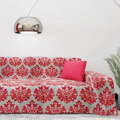 Image de Housse de canapé Famanu en coton, pour canapé 2, 3 ou 4 places - Motifs damassés rouge rubis
