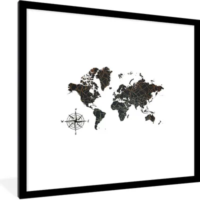 Produktbild von MuchoWow® MuchoWow® Gerahmtes Poster Weltkarte - Schwarz - Kompass 40x40 cm - Poster mit zchwarzem Bilderrahmen - Poster - Plakat im Rahmen