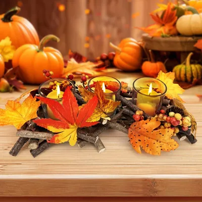 Image de Décoration d'automne Kandelaar : bougeoir en bois fait à la main, décor d'automne avec 3 verres, lanterne, décoration d'automne, bougeoir