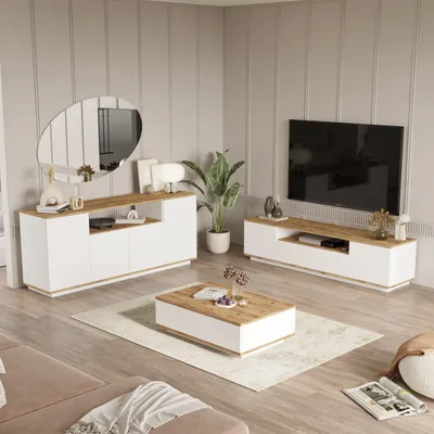 A modern living room setup with a TV stand, sideboard, and coffee table.
