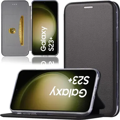 A black flip case for a Samsung Galaxy S23 Plus phone is shown, with the phone displaying its screen. The case has a card slot and a stand function.