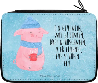 Produktbild von Mr. & Mrs. Panda Federmappe Schweinchen Glühwein - Eisblau - Geschenk, Federmäppchen, Etui, Schlampermäppchen, Betrunken, Weihnachtsmarkt, für Stifte, Weihnachten, Spruch