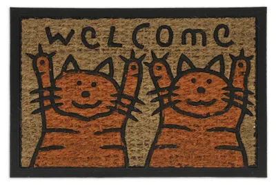 Produktbild von Relaxdays Fußmatte Kokos, mit Katzen & Welcome Spruch, gummiert, innen und außen, Türabtreter 60 x 40 cm, orange/natur