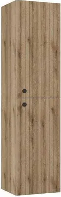 A tall, narrow cabinet with a wood-grain finish and two dark circular handles.