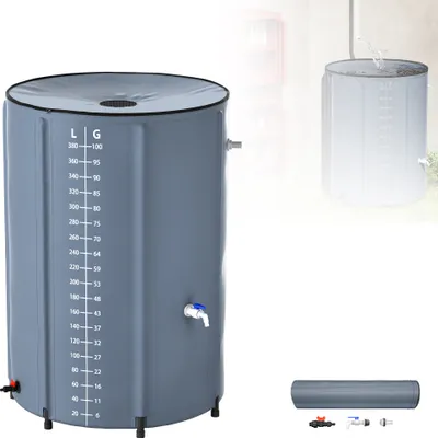 Obrázek produktu pro LZQ 380 litrů skládací sud na dešťovou vodu 500D PVC nádrž na dešťovou vodu sud na dešťovou vodu nádrž na dešťovou vodu s vypouštěcím kohoutkem a stupnicí, tmavě šedá barva