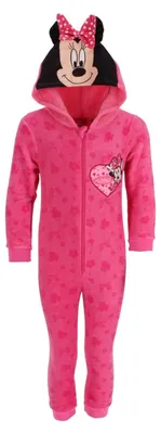 Produktbild von Minnie Maus Fleece Strampler, rosafarben, mit Kapuze, 3D-Ohren, Frontreißverschluss und Allover-Druck, Gr. 98/104-134/140