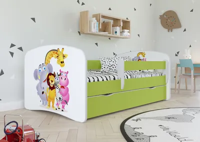 Produktbild von Kinderbett Jugendbett 70x140 cm Grün mit Matratze Rausfallschutz Schublade und Lattenrost Kinderbetten für Mädchen und Junge - Zoo