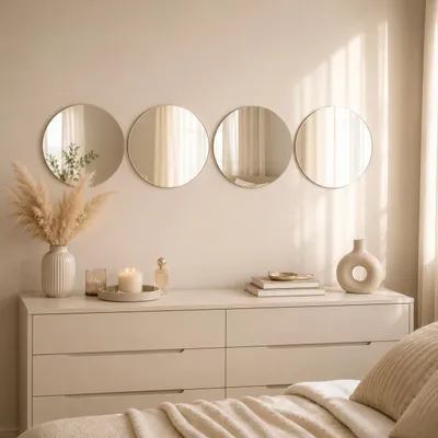 Produktbild von 4er Set Klebespiegel Rund Ø 15 cm aus Glas Selbstklebende Spiegelfliesen mit 16 Klebestreifen Wandspiegel ohne Bohren, Spiegel Fliesen Fliesenspiegel, KI-generiertes Bild
