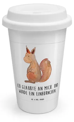 Produktbild von Mr. & Mrs. Panda Thermobecher To Go Einhorn Glauben - Weiß - Geschenk, Einhörner, Kaffeebecher, Einhörnchen, Unicorn, keramik, Eichhörnchen, Isolierbecher, ToGo, Eichhorn