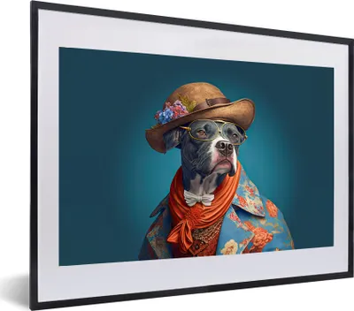 Produktbild von MuchoWow® Gerahmtes Poster Hund - Jacke - Blumen - Hut - Blau 60x40 cm - Poster mit Schwarzem Bilderrahmen Wandposter Rahmen Foto Bilder - Schlafzimmer - Plakat in Rahmen - Drucken