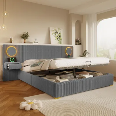 Produktbild von Flieks Hydraulisches Polsterbett 180x200cm mit Usb, Stauraumbett Doppelbett mit Led und Nachttischen, Jugendbett mit Stauraum, Samt, Grau