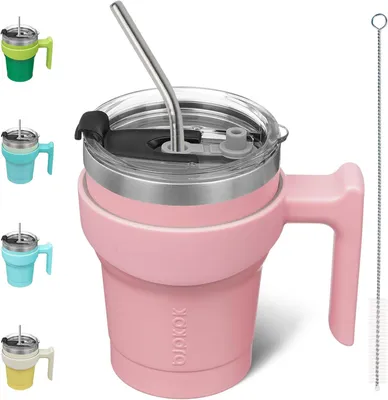 Imagen del producto de Taza de acero inoxidable aislada con asa y tapa, de 300 ml, reutilizable, ideal para llevar