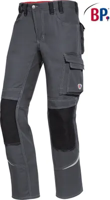 A pair of gray work pants with black knee patches and cargo pockets, displayed against a white background.