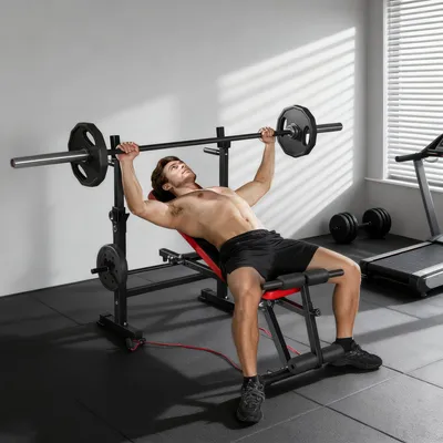 Produktbild von Multifunktionale Hantelbank mit Langhantelablage Kraftstation bis 420kg belastbar, verstellbare Trainingsbank für Bankdrücken, Dip-Station, Schwarz