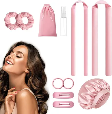 Produktbild von Lockenwickler für die Nacht, hitzefreies Lockenband für natürliche Wellen ohne Hitzeschäden, Lockenwickler-Set in 2 Größen mit Schlafhaube und Haarclips für langes und mittellanges Haar, Rosa