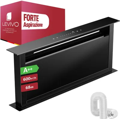 Immagine prodotto di LEVIVO A++ cofano aspirante downdraft 90 cm ricircolo e scarico dell'aria con portata d'aria di 600 m³/h, cofano aspirante a scomparsa con 2 filtri a carboni attivi, 2 filtri antigrasso