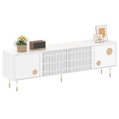 Produktbild von TV-Schrank,TV-Möbel(Weiss)mit Gitterstruktur, versteckten Griffen, Golddekor. Wohnzimmermöbel. Zwei Türen aus Massivholz
