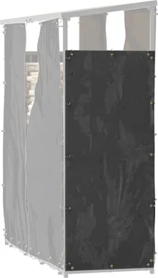 A black cover panel attached to the side of a firewood rack, with transparent curtains visible behind it.