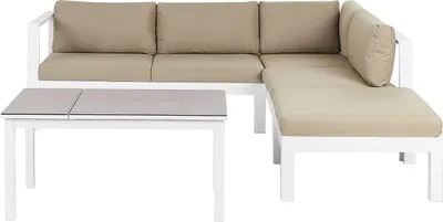 Produktbild von BELIANI Lounge Set Weiß Aluminium mit Auflagen Sandbeige Stoff Skandi Modern 5-Sitzer Ecksofa Tisch Ottomane Terrasse Garten Möbel