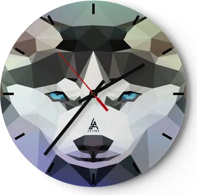Produktbild von Wanduhr - Rund - Glasuhr - Hund Husky Portrait - 30x30cm - Schleichendes Uhrwerk - Lautlos - zum Aufhängen bereit - Dekoration Modern - Wanddekoration aus Glas - C3AR30x30-3080