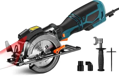 Image de Scie circulaire compacte - Moteur 710W - Guide laser - Coupe d'angle à 45° - Profondeur de coupe de 43 mm - 6 lames de scie - Bleu