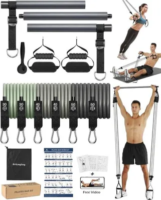 Produktbild von Famanu Pilates Set - Verstellbare und abnehmbare Widerstandsstange mit elastischen Bändern