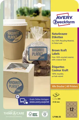 Produktbild von Avery Zweckform L7106-25, Naturbraune Etiketten, A4, ? 60 mm, 300 Etiketten / 25 Bögen, naturbraun