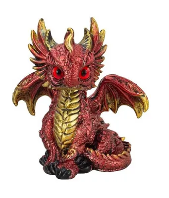 Das Bild zeigt eine detailreiche Figur eines roten Drachenbabys. 