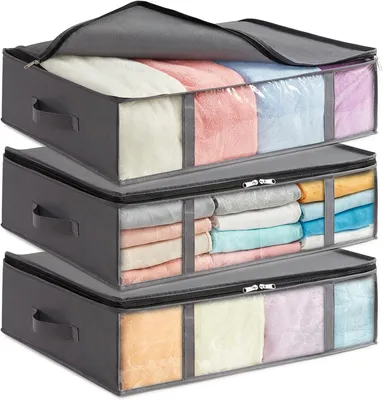 Produktbild von 3 Stück 40L Unterbett Aufbewahrungsbox, Faltbare Unterbettkommode | Aufbewahrungstasche Storage Boxes mit Deckel, Unterbett Aufbewahrung für Kleider Unterbett Kleiderschrank, Grau