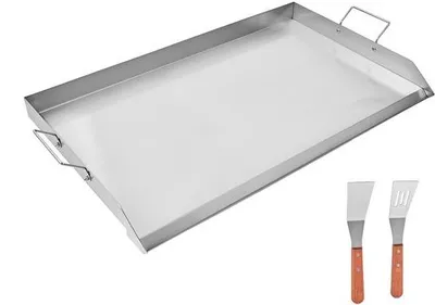 Produktbild von Edelstahl-Grillplatte – Rechteckig (910 x 525 mm) – Glatte Oberfläche, geeignet für Gasgrills und BBQ, ideal für Teppanyaki und tragbares Kochen mit Griff