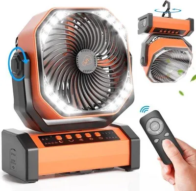 Zdjęcie produktu dla Wentylator namiotowy z lampką LED, 20 000 mAh, 4 prędkości, ładowanie przez USB, timer, pilot zdalnego sterowania i haczyk do biwakowania.