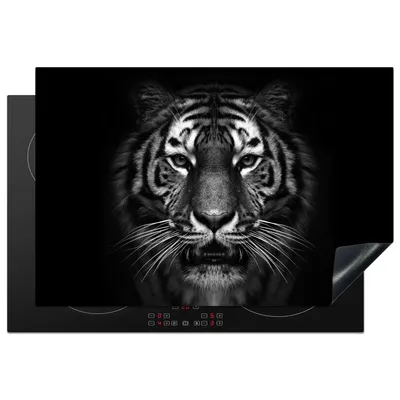 Produktbild von KitchenYeah© Herdabdeckplatte Tiger - Tiere - Schwarz - Weiß - Porträt - Wild , 76x51cm, Küche Deko, Glaskeramikkochfeld Herdabdeckung, Abdeckplatte fùr Kochfeld