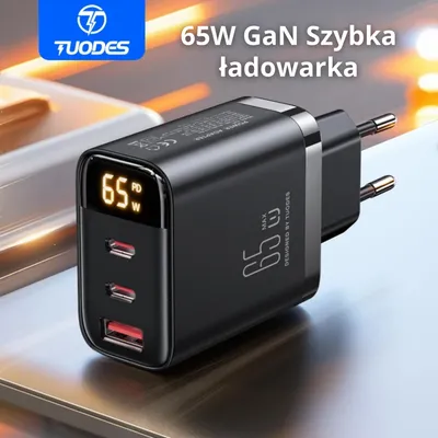 Zdjęcie produktu dla 65W Ładowarka USB-C – Szybka ładowarka z 3 portami (2×USB-C + 1×USB-A) – Fast Charger do smartfonów, laptopów, tabletów, iPhone, Samsung, MacBook