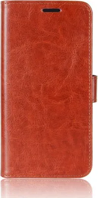 A brown leather wallet case for a phone, shown closed and standing upright.