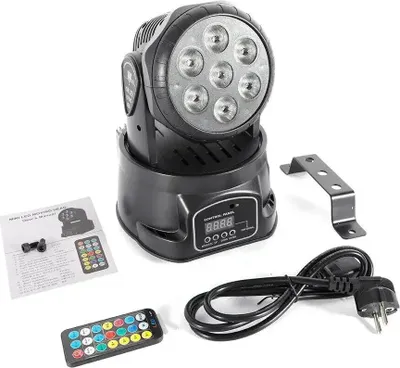 Zdjęcie produktu dla Światło dyskotekowe LED – ruchoma głowica sceniczna – 105 W – 7x RGB LED – DMX512 – AC 100–240 V – CE – czarny