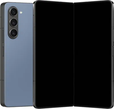 A blue Samsung Galaxy Z Fold 5 is shown unfolded, with its screens facing the viewer.