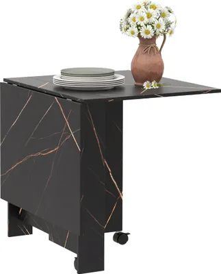 Produktbild von Klappbarer Kš¹chentisch, klappbarer Esstisch mit 2 Ausklappplatten, 2 Rollen mit Bremsen, 120 x 80 x 73 cm, schwarze Marmoroptik