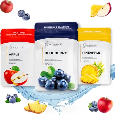 Produktbild von Wunder Zahnstocher mit Geschmack - 3er Pack Fruit Crush - 3x 100 Stück - Nachfüllbeutel - frischer Atem - Alternative zu Kaugummi - vegan