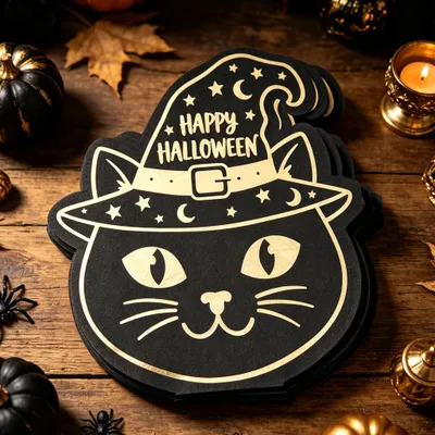 16 Halloween-Papierservietten, Katzenkopf-Form, schwarz-gold
