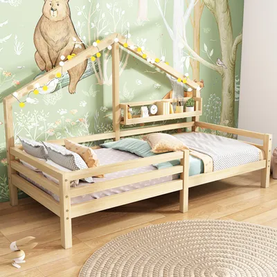Produktbild von Flieks Kinderbett Massivholz Einzelbett mit Lattenrost Hausbett mit Ablageregal 90x200cm Naturbelassen ohne Matratze