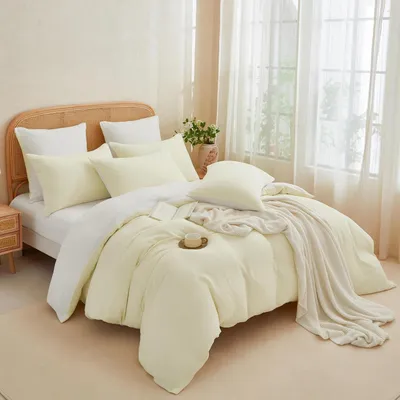 Obrázek produktu pro Sada povlečení 155x220 cm, světle béžová/bílá, 100% bavlna (muslín), 3dílná, se zipem